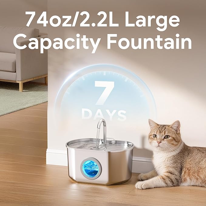 Cat Water Fountain Stainless Steel: 73oz/2.2L Cat Fountain for Drinking- Pet Water Fountain Inside - Automatic Dog Watering Dispenser Bowl - Pet Feeding & Watering Supplies — image 5
