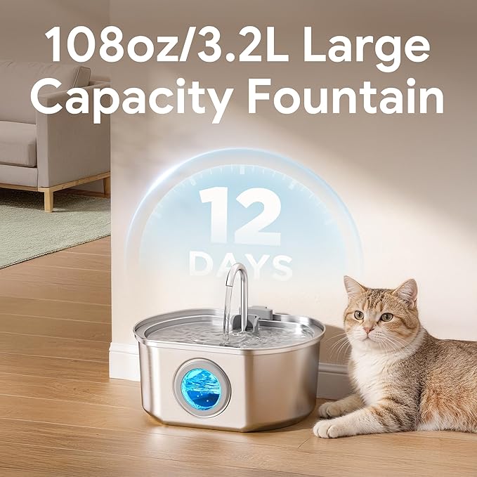Cat Water Fountain Stainless Steel: 109oz/3.2L Cat Fountain for Drinking - Pet Water Fountain Inside - Automatic Dog Watering Dispenser Bowl - Pet Feeding & Watering Supplies - Water Level Window — image 5