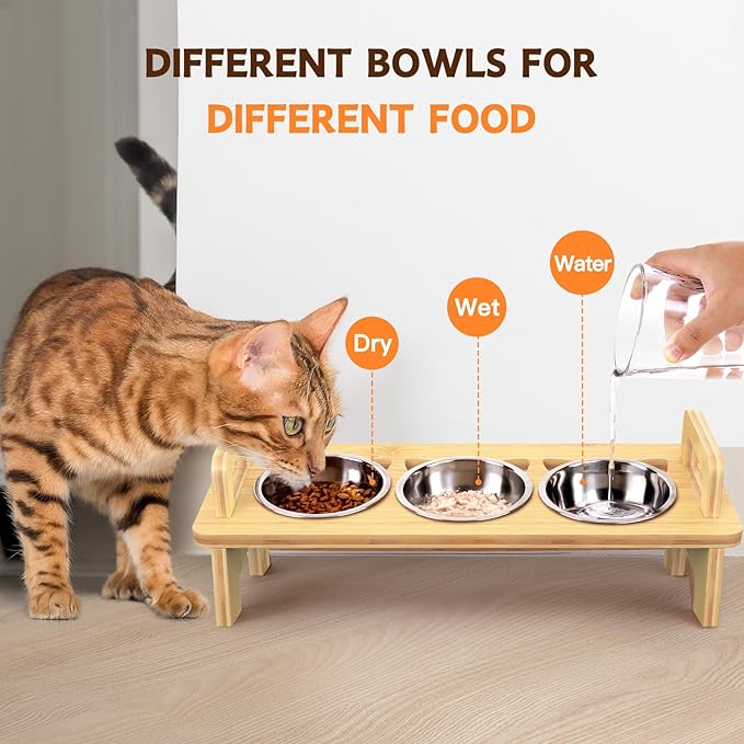 Bamboo Elevated Cat Bowls, 3 Stainless Steel Raised Cat Bowl with Stand, 15°Tilted Cat Feeding Station, Cat Food and Water Bowl Set for Small Cats, Anti Vomitting, Whisker Fatigue (Natural) — image 5