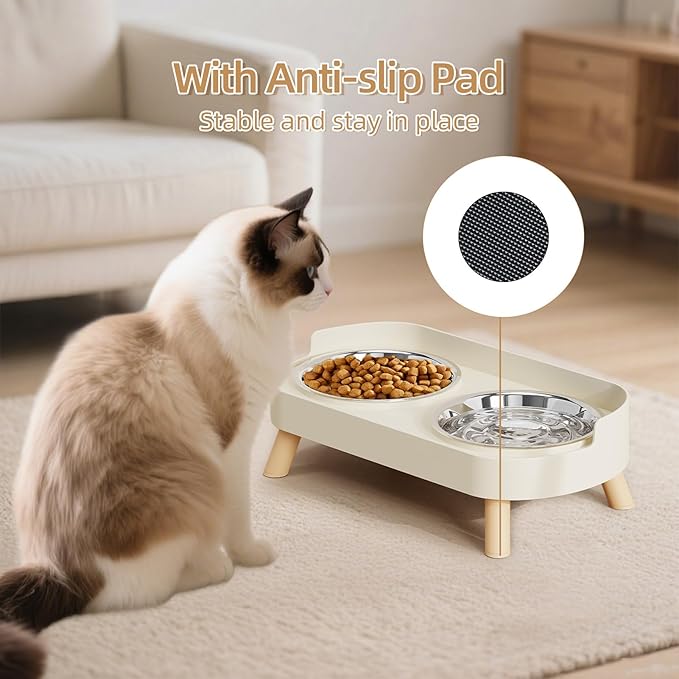 Elevated Cat Bowl, Raised Cat Food and Water Bowl Set for Indoor Cats, Splash Proof with 2 Stainless Steel Pet Food Bowls for Cats and Puppies, Whisker Fatigue and Dishwasher Safe - White — image 5