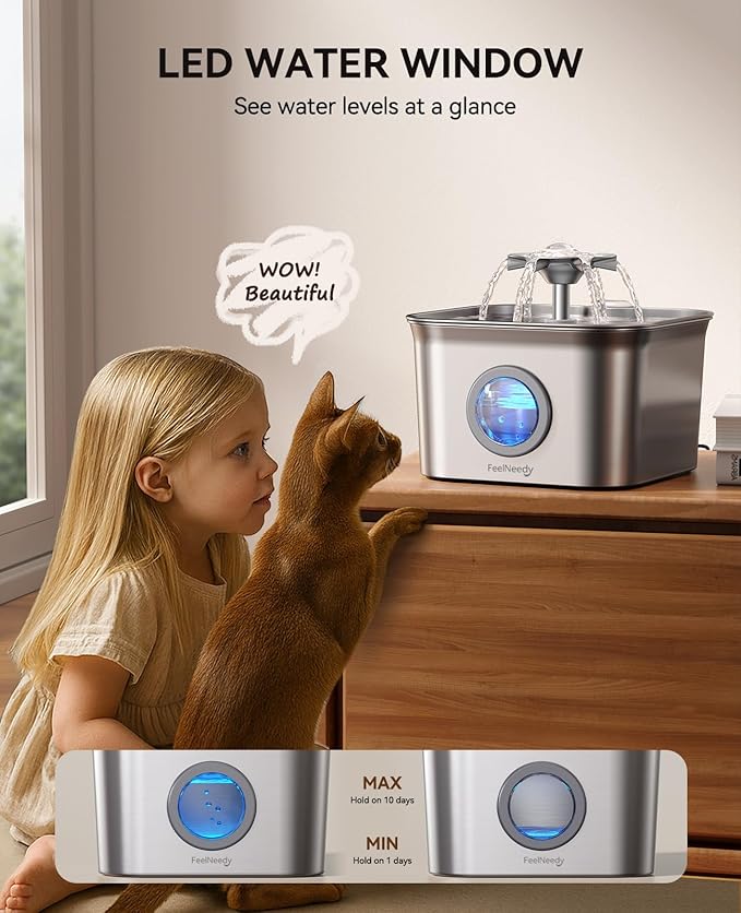 Stainless Steel Cat Water Fountain, 99oz/2.8L Auto Pet Drinking Fountain with 20dB Ultra-Quiet Pump- Ideal for Timid Pets, LED Water Level Window, Dishwasher Safe, 24/7 Circulating Flow - FEELNEEDY — image 5