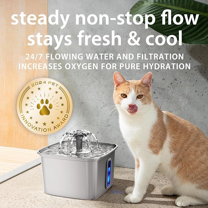 Veken Innovation Award Winner Stainless Steel Cat Water Fountain, 108oz/3.2L Automatic Pet Fountain Dog Water Dispenser with 3 Replacement Filters & Silicone Mat, Gifts for Cats, Dogs (Silver) — image 5