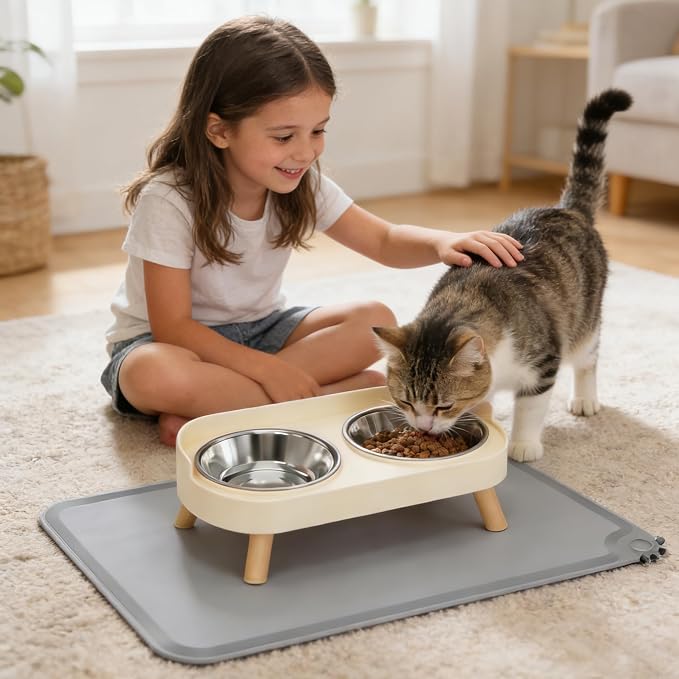 Elevated Cat Bowls with Food Mat, Splash Proof Anti Vomiting Raised Cat Food and Water Bowl Set, 2 Stainless Steel Dishes for Cats and Puppy, Pet Bowl for Indoor Cats White — image 5