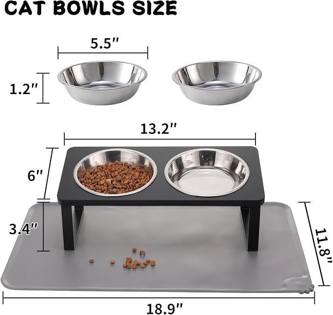 Upgraded Elevated Cat Bowls with Food Mat,15°Tilted Stand Anti Vomiting Raised Cat Dishes for Food and Water,2 Stainless Steel Bowls for Cats and Puppy（Black） — image 5