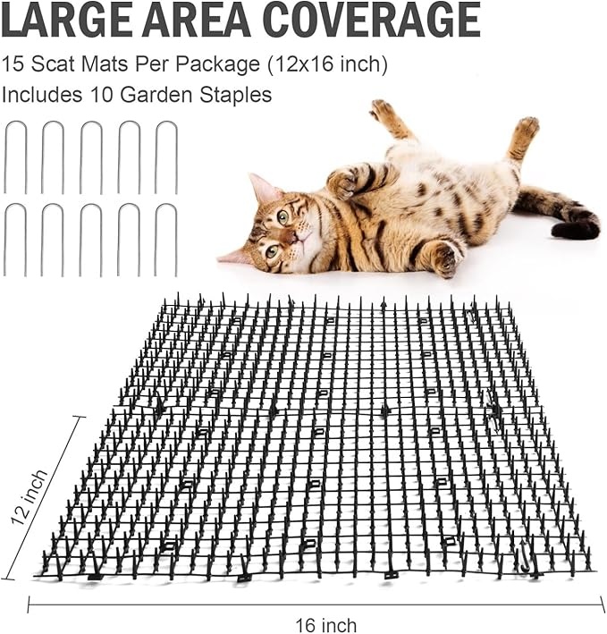 POMEAT 15 PCS Cat Scat Mat with Spikes 16 x 12'' Cat Deterrent Outdoor Scat Mats for Cats and Dogs Cat Spikes for Garden Fence Indoor Furniture Cat Deterrent Mat with 10 Staples — image 5