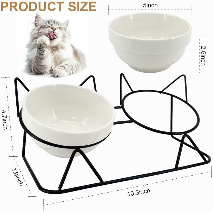Elevated Tilted Cat Bowls for Indoor Cats，Raised Ceramic Cat Bowl Elevated 15°,Pet Feeding Bowls for Food and Water Anti Vomiting Bowl(Double Ceramics and Tilt Shelf) Suitable — image 5
