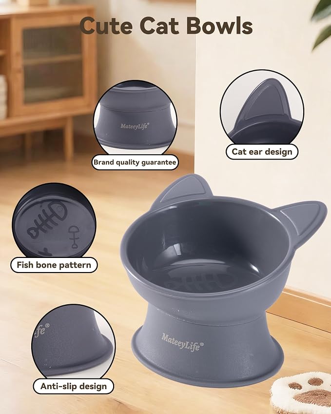 MateeyLife Elevated Cat Bowls, 2P Raised Food and Water Bowl Set for Indoor Cats & Small Dogs, Whisker Fatigue Cat Bowl, Anti Vomit Feeding Pet Bowls, 6 oz Each, Dishwasher Safe - White & Grey — image 5