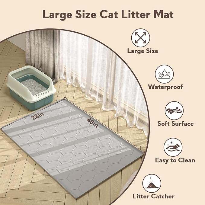 Garoopion Cat Litter Box Mat, Large 40" X 28" Litter Trapping Mat for Cats, Waterproof Silicone Pad for Floor, Gray — image 5
