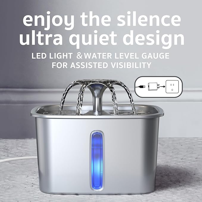 Veken Innovation Award Winner Stainless Steel Cat Water Fountain, 95oz/2.8L Automatic Pet Fountain Dog Water Dispenser with Replacement Filters & Silicone Mat, Gifts for Cats, Dogs (Silver) — image 5