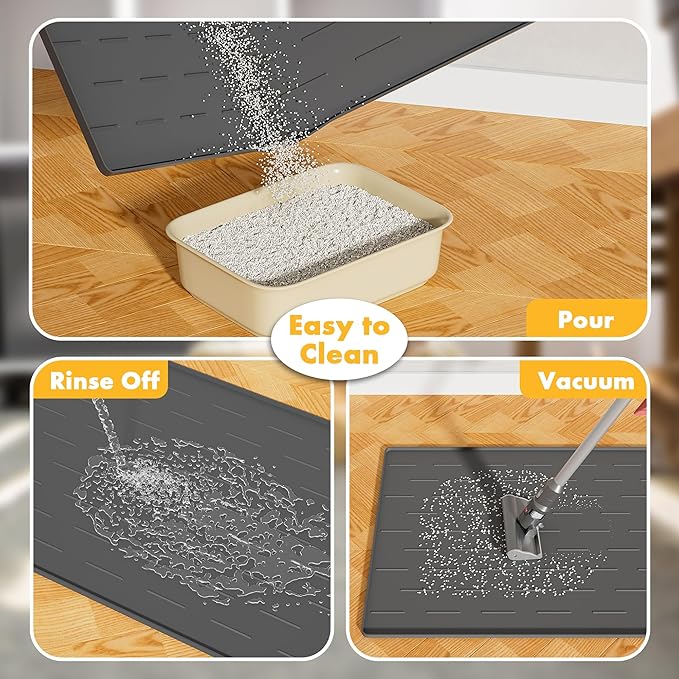 Pieviev Silicone Cat Litter Trapping Mat, 34''x22'' Large Cat Litter Mat, Easy to Clean & Soft on Kitty Paws, Waterproof Kitty Litter Pads for Indoor Cats, Dark Grey — image 5