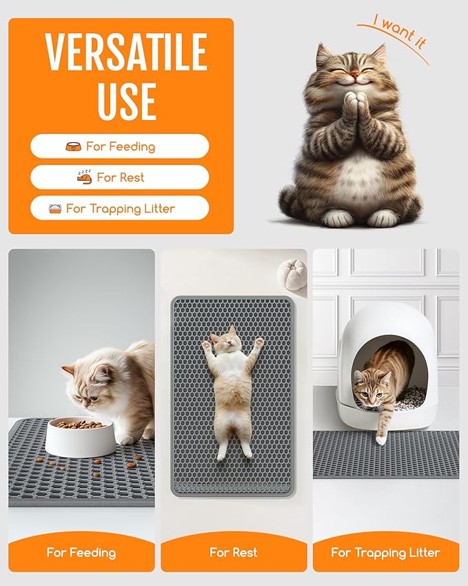 Powools Cat Litter Mat - 23.2" x 14.6" Small Litter Box Mat with Double Layers, Urine-Proof and Non-Slip Litter Trapping Mat, Easy to Clean Kitty Litter Mats for Floor, Scatter Control, Grey — image 5