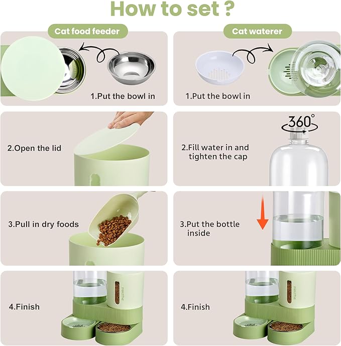 2 Pack Automatic Cat Feeder Stainless Steel Water Dispenser Gravity Food Feeder and Waterer Set with Pet Food Bowl for Small Medium Kitten Puppy Pets Large Capacity(Green) — image 5
