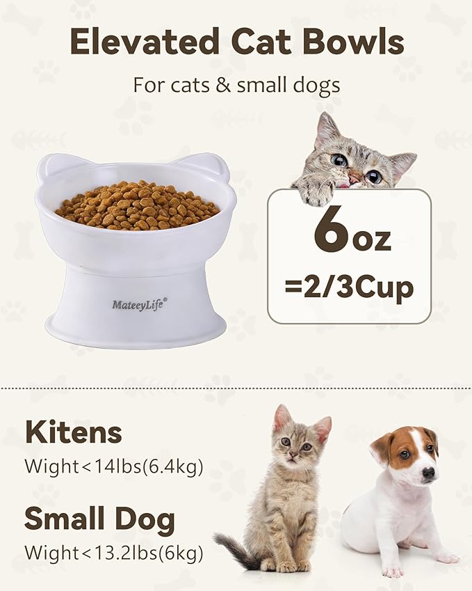 MateeyLife Elevated Cat Bowls, 2P Raised Food and Water Bowl Set for Indoor Cats & Small Dogs, Whisker Fatigue Cat Bowl, Anti Vomit Feeding Pet Bowls, 6 oz Each, Dishwasher Safe - White & Grey — image 6