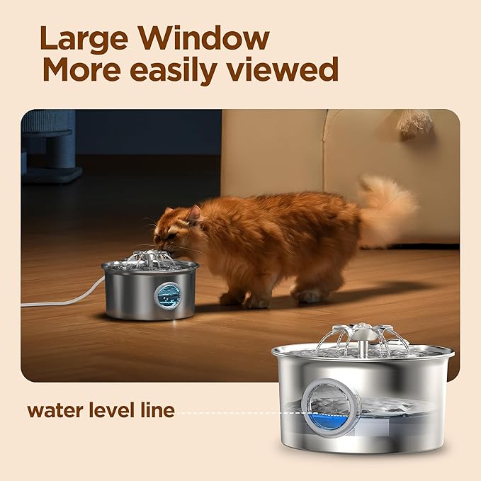 Stainless Steel Cat Water Fountain: 88oz/2.6L Ultra Quiet Pet Fountain with Flower Kitty Spout & LED Blue Light Water Dispenser with Water Level Window for Cats/Dogs Indoor (Silver) - IHOUONE — image 6