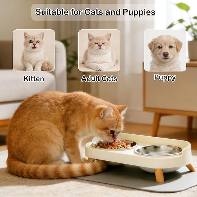 Elevated Cat Bowls with Food Mat, Splash Proof Anti Vomiting Raised Cat Food and Water Bowl Set, 2 Stainless Steel Dishes for Cats and Puppy, Pet Bowl for Indoor Cats White — image 6
