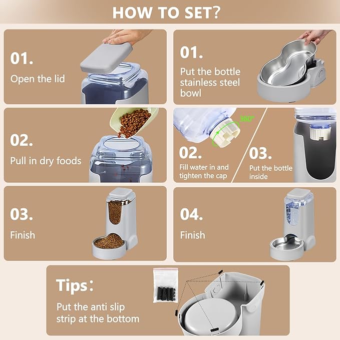Automatic Cat Feeder and Water Dispenser with Stainless Steel Bowl Dog Gravity Food Feeder and Waterer for Small Medium Pets Puppy Kitten 1 Gallon x 2 — image 6
