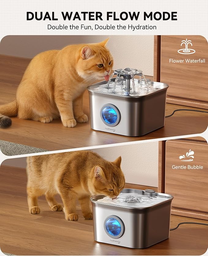 Stainless Steel Cat Water Fountain, 99oz/2.8L Auto Pet Drinking Fountain with 20dB Ultra-Quiet Pump- Ideal for Timid Pets, LED Water Level Window, Dishwasher Safe, 24/7 Circulating Flow - FEELNEEDY — image 6