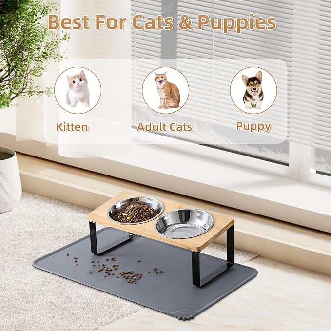 Upgraded Elevated Cat Bowls with Food Mat,15°Tilted Stand Anti Vomiting Raised Cat Dishes for Food and Water,2 Stainless Steel Bowls for Cats and Puppy — image 6