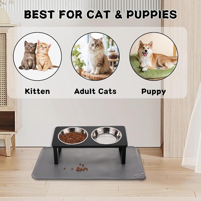 Upgraded Elevated Cat Bowls with Food Mat,15°Tilted Stand Anti Vomiting Raised Cat Dishes for Food and Water,2 Stainless Steel Bowls for Cats and Puppy（Black） — image 6