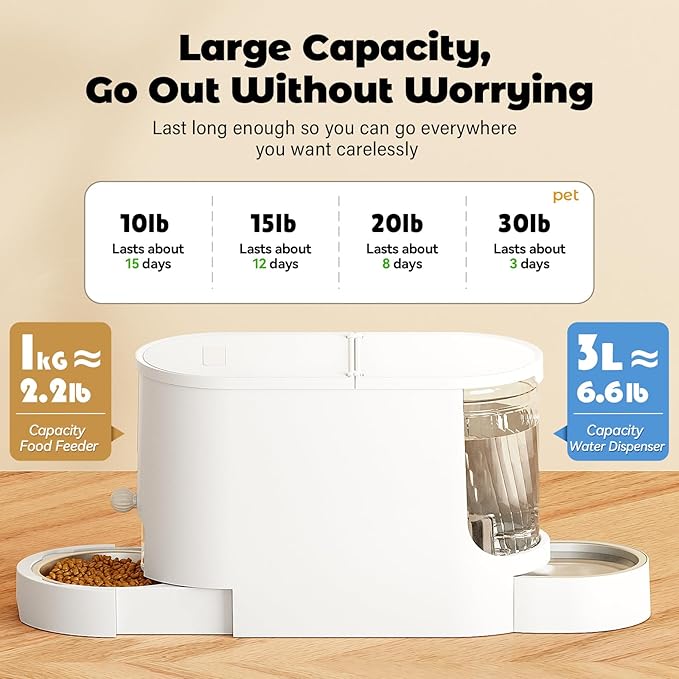 JUNSPOW Automatic Cat Feeder 2-in-1 Set, Gravity Cat Food Feeder and Water Dispenser, Dog Feeding & Watering Supply with Stailess Steel Bowls, Large Capacity Low Noise, White — image 6
