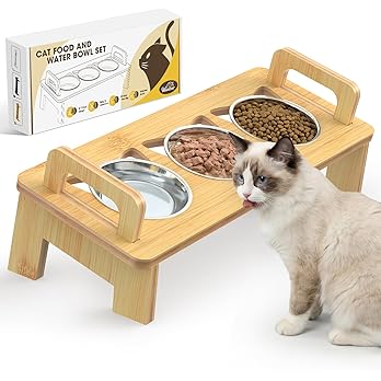 Bamboo Elevated Cat Bowls, 3 Stainless Steel Raised Cat Bowl with Stand, 15°Tilted Cat Feeding Station, Cat Food and Water Bowl Set for Small Cats, Anti Vomitting, Whisker Fatigue (Natural) — image 7