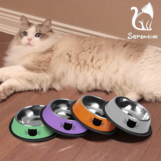 Serentive 2 Pcs Non-Slip Stainless Steel Small Cat Food Bowls - Unbreakable, Thicken 7 Oz Cat Dishes - Indoor, Removable Rubber Base, Easily Clean, Lovely Color — image 7