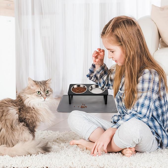 Upgraded Elevated Cat Bowls with Food Mat,15°Tilted Stand Anti Vomiting Raised Cat Dishes for Food and Water,2 Stainless Steel Bowls for Cats and Puppy（Black） — image 7