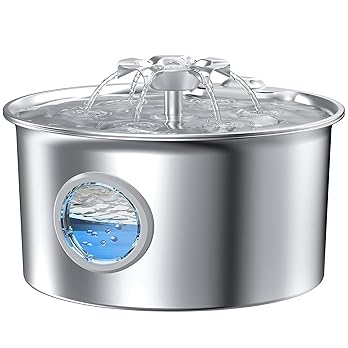 Stainless Steel Cat Water Fountain: 88oz/2.6L Ultra Quiet Pet Fountain with Flower Kitty Spout & LED Blue Light Water Dispenser with Water Level Window for Cats/Dogs Indoor (Silver) - IHOUONE — image 7