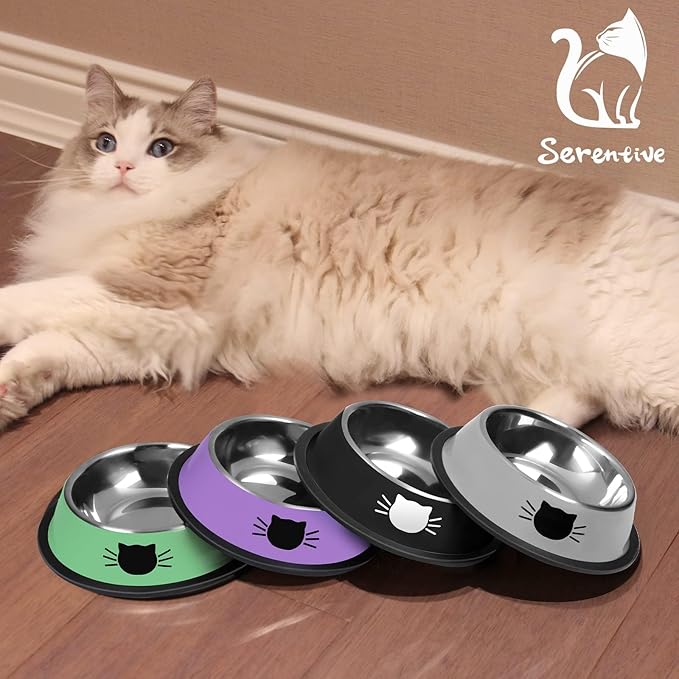 Serentive 2 Pcs Non-Slip Stainless Steel Small Food Bowls - Unbreakable, Thicken Cat Feeder, 7 Oz Dishes - Suitable for Indoor Small Pets - Removable Rubber Base, Easily Clean, Lovely Color — image 7
