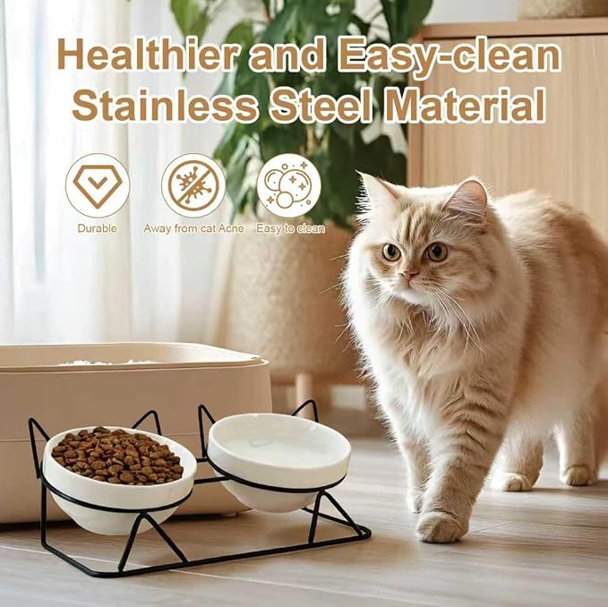 Elevated Tilted Cat Bowls for Indoor Cats，Raised Ceramic Cat Bowl Elevated 15°,Pet Feeding Bowls for Food and Water Anti Vomiting Bowl(Double Ceramics and Tilt Shelf) Suitable — image 7