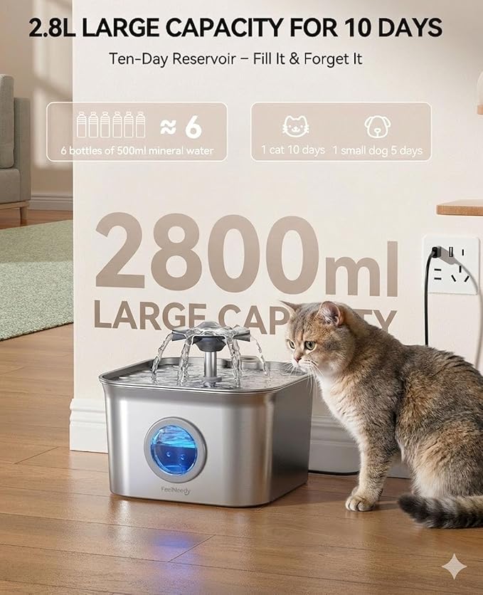 Stainless Steel Cat Water Fountain, 99oz/2.8L Auto Pet Drinking Fountain with 20dB Ultra-Quiet Pump- Ideal for Timid Pets, LED Water Level Window, Dishwasher Safe, 24/7 Circulating Flow - FEELNEEDY — image 7