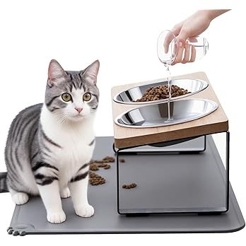 Upgraded Elevated Cat Bowls with Food Mat,15°Tilted Stand Anti Vomiting Raised Cat Dishes for Food and Water,2 Stainless Steel Bowls for Cats and Puppy — image 8