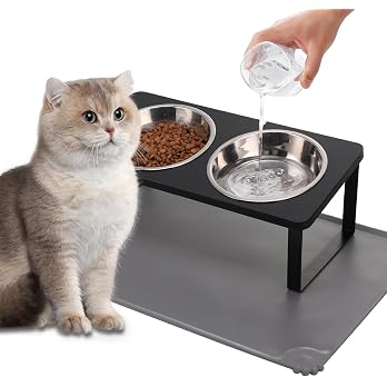 Upgraded Elevated Cat Bowls with Food Mat,15°Tilted Stand Anti Vomiting Raised Cat Dishes for Food and Water,2 Stainless Steel Bowls for Cats and Puppy（Black） — image 8