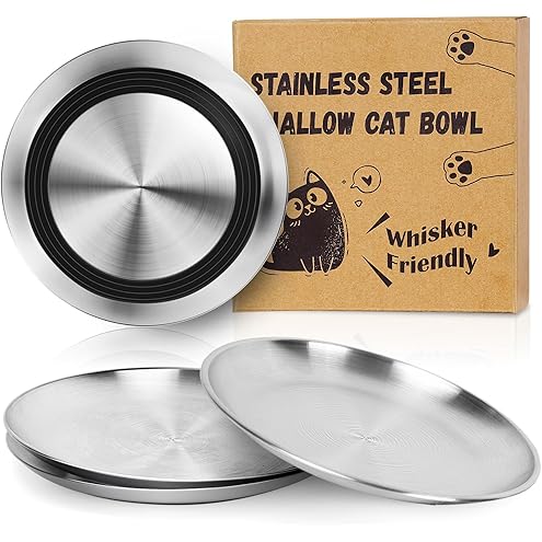 4-Pack Stainless Steel Cat Food Bowls, Shallow Whisker-Friendly Non-Slip Silicone Base Metal Dishes, Easy to Clean Indoor Feeding Flat Plates for Cat, Kitten, Small Dog (6.7") — image 10