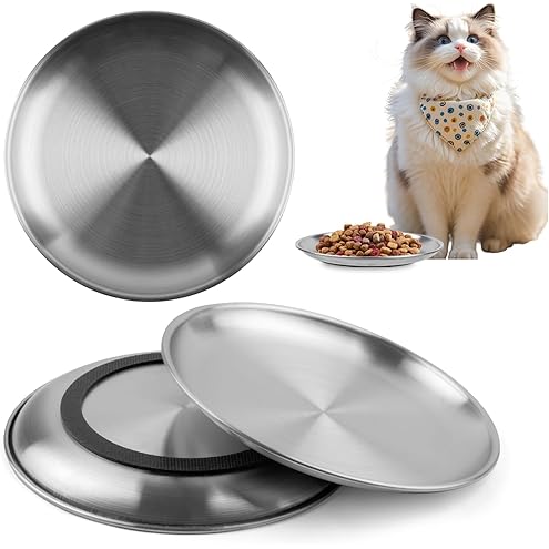 4-Pack Stainless Steel Cat Food Bowls, Shallow Whisker-Friendly Non-Slip Silicone Base Metal Dishes, Easy to Clean Indoor Feeding Flat Plates for Cat, Kitten, Small Dog (6.7") — image 11