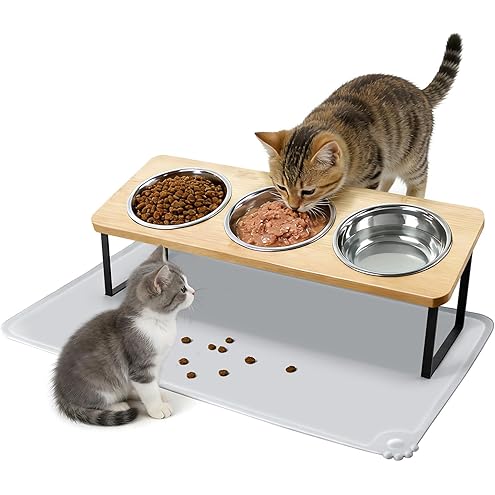 Bamboo Elevated Cat Bowls, 3 Stainless Steel Raised Cat Bowl with Stand, 15°Tilted Cat Feeding Station, Cat Food and Water Bowl Set for Small Cats, Anti Vomitting, Whisker Fatigue (Natural) — image 11