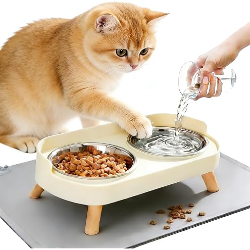 Elevated Cat Bowl, Raised Cat Food and Water Bowl Set for Indoor Cats, Splash Proof with 2 Stainless Steel Pet Food Bowls for Cats and Puppies, Whisker Fatigue and Dishwasher Safe - White — image 11