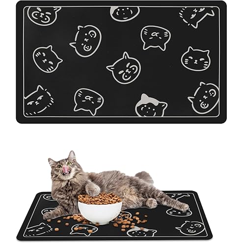 YCT Cat Food Mat for Pet Dog Feeting Mats, Cat Mat for Food and Water, Non-Slip Super Absorbent, with Multiple cat Heads Logo，18.1 x 11.8 inches, Dark Grey — image 14