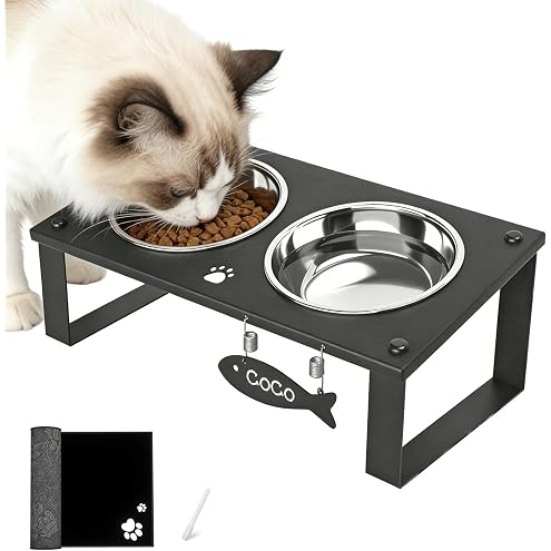 Upgraded Elevated Cat Bowls with Food Mat,15°Tilted Stand Anti Vomiting Raised Cat Dishes for Food and Water,2 Stainless Steel Bowls for Cats and Puppy（Black） — image 14